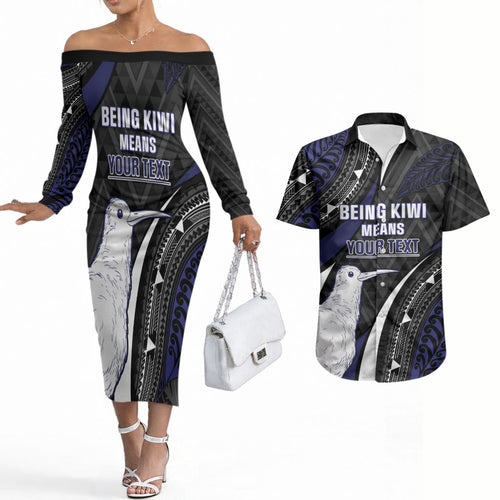 Personalised New Zealand Kiwi Couples Matching Off The Shoulder Long Sleeve Dress and Hawaiian Shirt Silver Fern Tribal Pattern