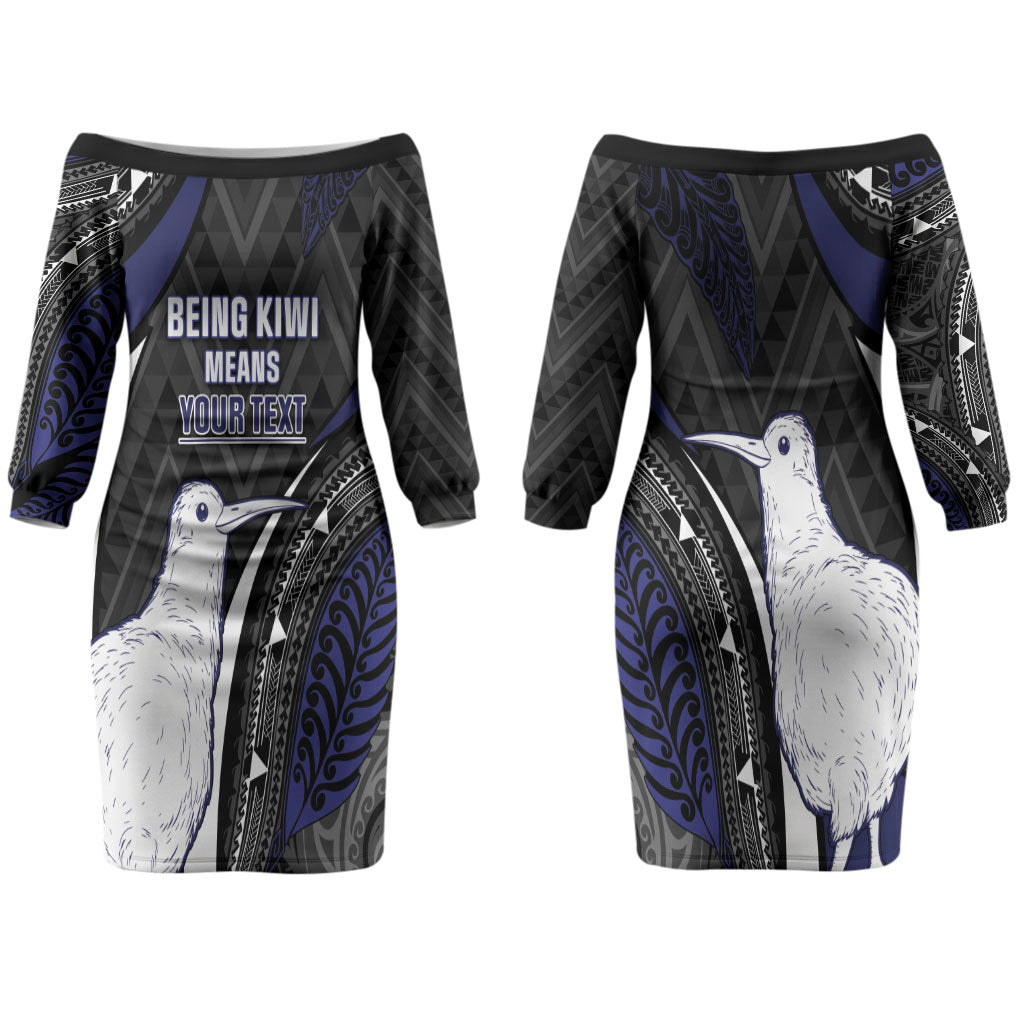 Personalised New Zealand Kiwi Couples Matching Off The Shoulder Long Sleeve Dress and Hawaiian Shirt Silver Fern Tribal Pattern
