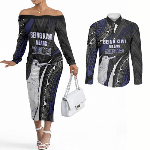 Personalised New Zealand Kiwi Couples Matching Off The Shoulder Long Sleeve Dress and Long Sleeve Button Shirt Silver Fern Tribal Pattern