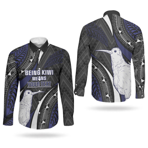 Personalised New Zealand Kiwi Couples Matching Off The Shoulder Long Sleeve Dress and Long Sleeve Button Shirt Silver Fern Tribal Pattern