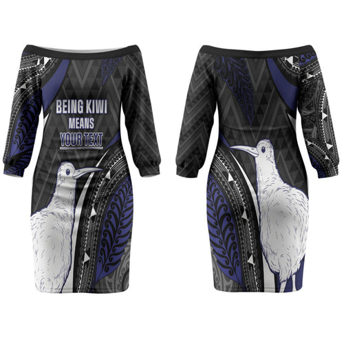 Personalised New Zealand Kiwi Couples Matching Off The Shoulder Long Sleeve Dress and Long Sleeve Button Shirt Silver Fern Tribal Pattern