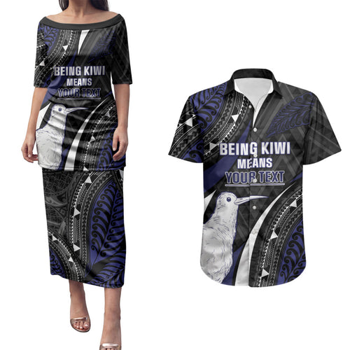 Personalised New Zealand Kiwi Couples Matching Puletasi and Hawaiian Shirt Silver Fern Tribal Pattern