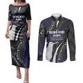 Personalised New Zealand Kiwi Couples Matching Puletasi and Long Sleeve Button Shirt Silver Fern Tribal Pattern