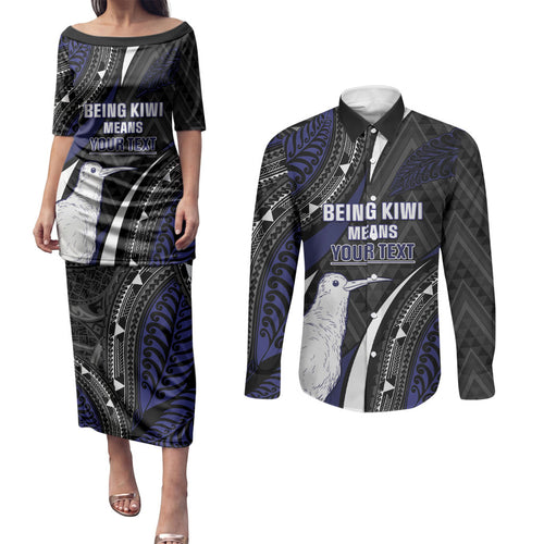 Personalised New Zealand Kiwi Couples Matching Puletasi and Long Sleeve Button Shirt Silver Fern Tribal Pattern