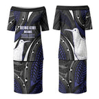 Personalised New Zealand Kiwi Couples Matching Puletasi and Long Sleeve Button Shirt Silver Fern Tribal Pattern