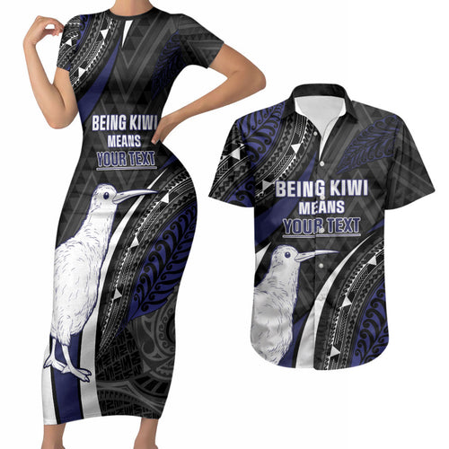 Personalised New Zealand Kiwi Couples Matching Short Sleeve Bodycon Dress and Hawaiian Shirt Silver Fern Tribal Pattern