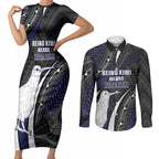 Personalised New Zealand Kiwi Couples Matching Short Sleeve Bodycon Dress and Long Sleeve Button Shirt Silver Fern Tribal Pattern