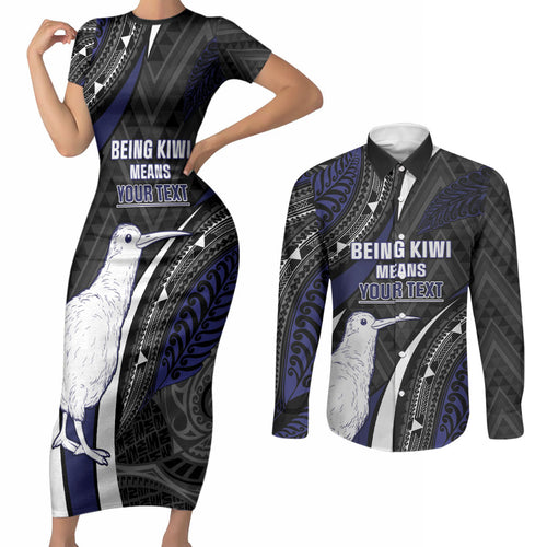 Personalised New Zealand Kiwi Couples Matching Short Sleeve Bodycon Dress and Long Sleeve Button Shirt Silver Fern Tribal Pattern
