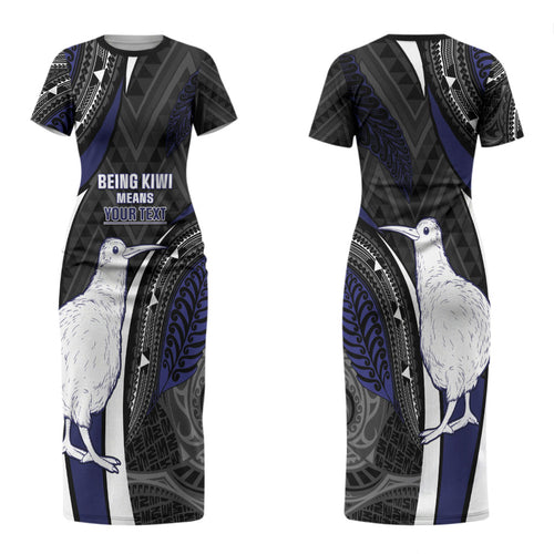 Personalised New Zealand Kiwi Couples Matching Short Sleeve Bodycon Dress and Long Sleeve Button Shirt Silver Fern Tribal Pattern