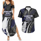 Personalised New Zealand Kiwi Couples Matching Summer Maxi Dress and Hawaiian Shirt Silver Fern Tribal Pattern