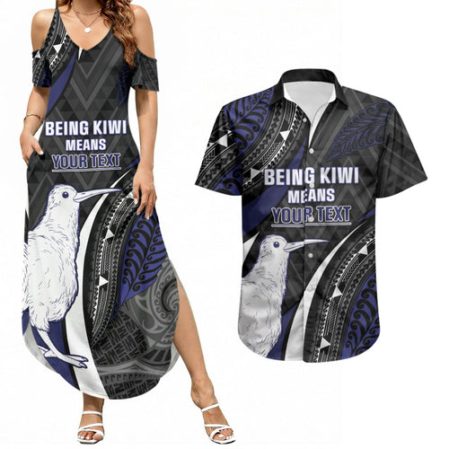 Personalised New Zealand Kiwi Couples Matching Summer Maxi Dress and Hawaiian Shirt Silver Fern Tribal Pattern