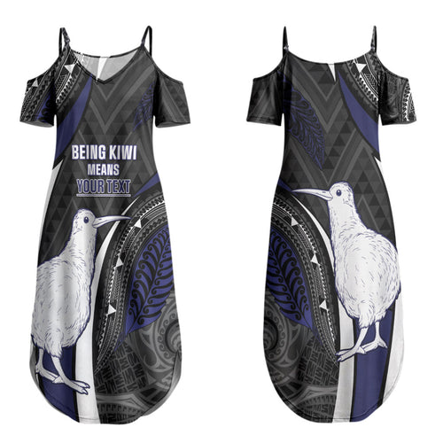 Personalised New Zealand Kiwi Couples Matching Summer Maxi Dress and Hawaiian Shirt Silver Fern Tribal Pattern