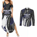 Personalised New Zealand Kiwi Couples Matching Summer Maxi Dress and Long Sleeve Button Shirt Silver Fern Tribal Pattern
