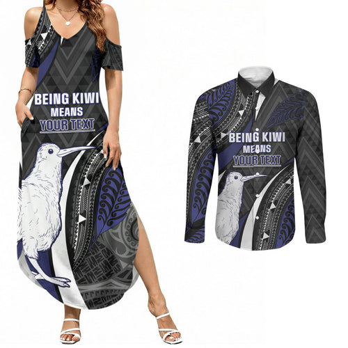 Personalised New Zealand Kiwi Couples Matching Summer Maxi Dress and Long Sleeve Button Shirt Silver Fern Tribal Pattern