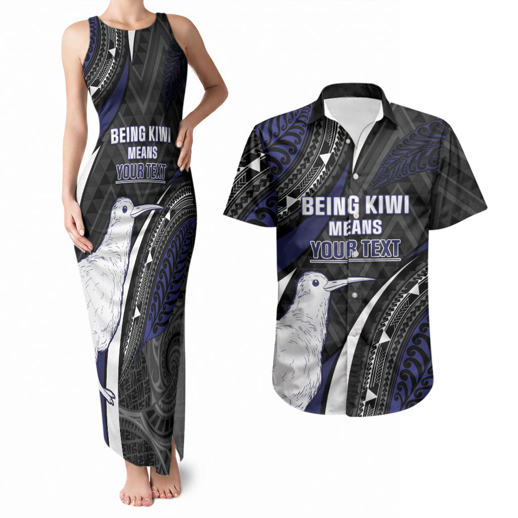 Personalised New Zealand Kiwi Couples Matching Tank Maxi Dress and Hawaiian Shirt Silver Fern Tribal Pattern