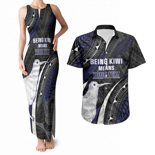 Personalised New Zealand Kiwi Couples Matching Tank Maxi Dress and Hawaiian Shirt Silver Fern Tribal Pattern