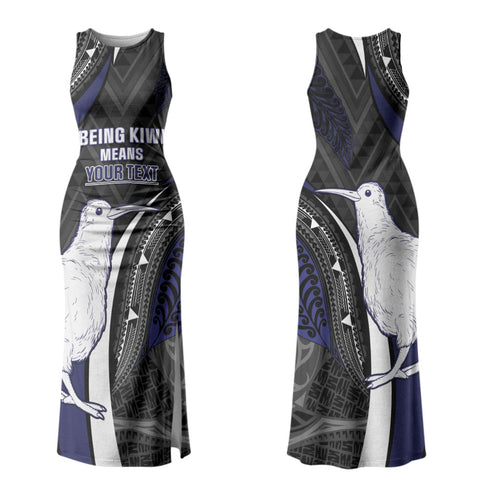 Personalised New Zealand Kiwi Couples Matching Tank Maxi Dress and Hawaiian Shirt Silver Fern Tribal Pattern