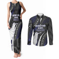 Personalised New Zealand Kiwi Couples Matching Tank Maxi Dress and Long Sleeve Button Shirt Silver Fern Tribal Pattern
