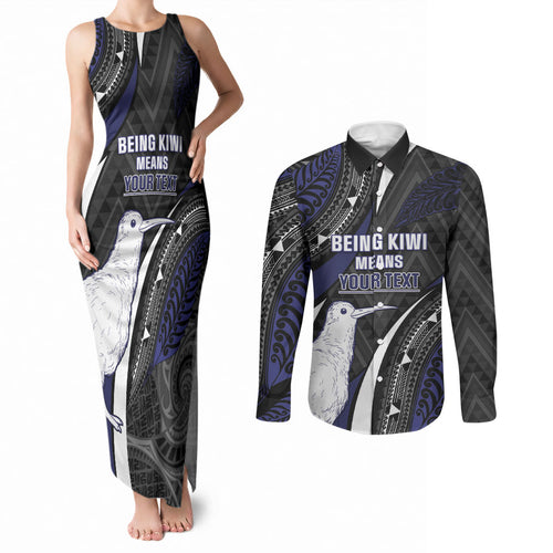 Personalised New Zealand Kiwi Couples Matching Tank Maxi Dress and Long Sleeve Button Shirt Silver Fern Tribal Pattern