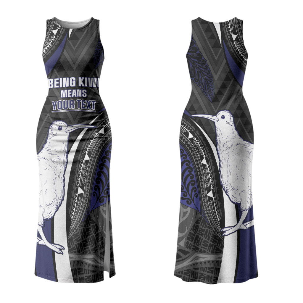 Personalised New Zealand Kiwi Couples Matching Tank Maxi Dress and Long Sleeve Button Shirt Silver Fern Tribal Pattern