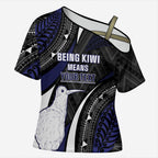 Personalised New Zealand Kiwi Cross Shoulder Shirt Silver Fern Tribal Pattern