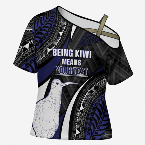 Personalised New Zealand Kiwi Cross Shoulder Shirt Silver Fern Tribal Pattern