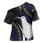 Personalised New Zealand Kiwi Cross Shoulder Shirt Silver Fern Tribal Pattern