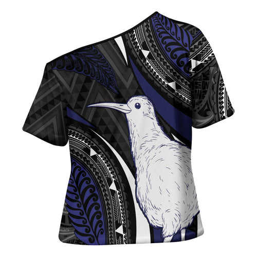 Personalised New Zealand Kiwi Cross Shoulder Shirt Silver Fern Tribal Pattern