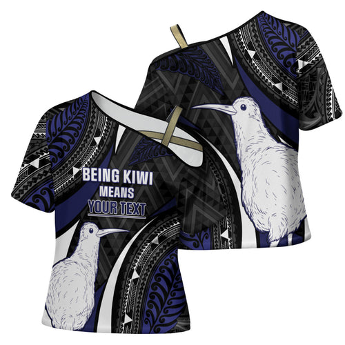 Personalised New Zealand Kiwi Cross Shoulder Shirt Silver Fern Tribal Pattern