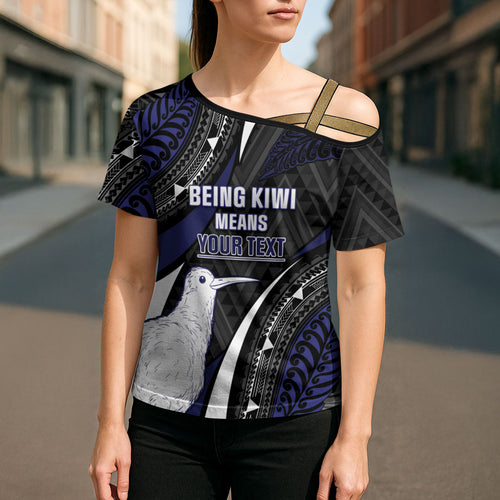 Personalised New Zealand Kiwi Cross Shoulder Shirt Silver Fern Tribal Pattern