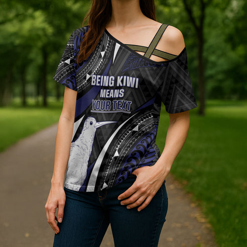 Personalised New Zealand Kiwi Cross Shoulder Shirt Silver Fern Tribal Pattern
