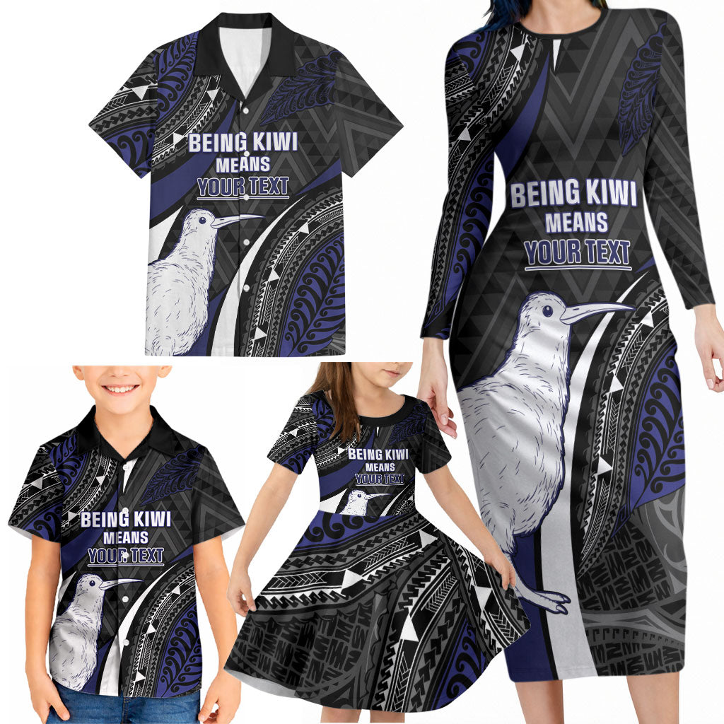 Personalised New Zealand Kiwi Family Matching Long Sleeve Bodycon Dress and Hawaiian Shirt Silver Fern Tribal Pattern