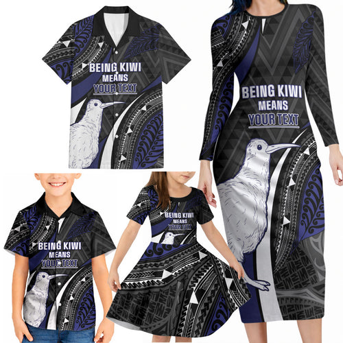 Personalised New Zealand Kiwi Family Matching Long Sleeve Bodycon Dress and Hawaiian Shirt Silver Fern Tribal Pattern