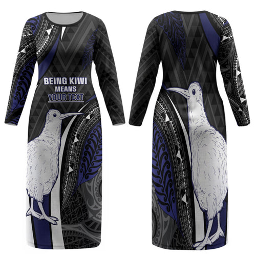 Personalised New Zealand Kiwi Family Matching Long Sleeve Bodycon Dress and Hawaiian Shirt Silver Fern Tribal Pattern