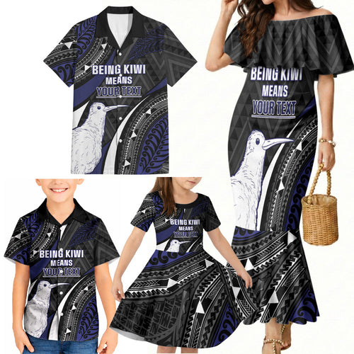 Personalised New Zealand Kiwi Family Matching Mermaid Dress and Hawaiian Shirt Silver Fern Tribal Pattern