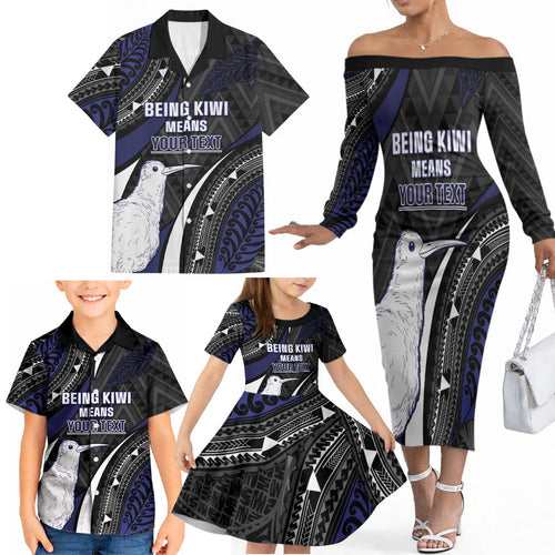 Personalised New Zealand Kiwi Family Matching Off The Shoulder Long Sleeve Dress and Hawaiian Shirt Silver Fern Tribal Pattern
