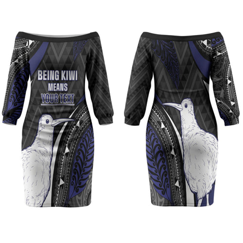 Personalised New Zealand Kiwi Family Matching Off The Shoulder Long Sleeve Dress and Hawaiian Shirt Silver Fern Tribal Pattern