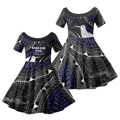 Personalised New Zealand Kiwi Family Matching Off The Shoulder Long Sleeve Dress and Hawaiian Shirt Silver Fern Tribal Pattern