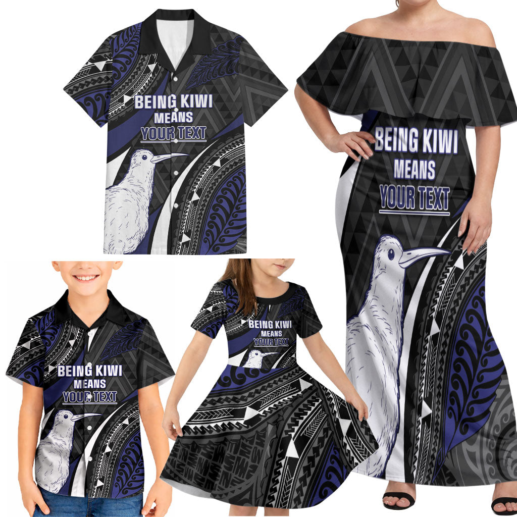 Personalised New Zealand Kiwi Family Matching Off Shoulder Maxi Dress and Hawaiian Shirt Silver Fern Tribal Pattern