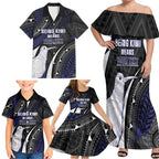 Personalised New Zealand Kiwi Family Matching Off Shoulder Maxi Dress and Hawaiian Shirt Silver Fern Tribal Pattern