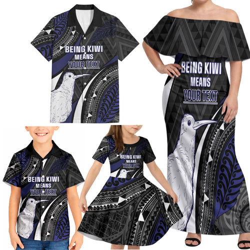 Personalised New Zealand Kiwi Family Matching Off Shoulder Maxi Dress and Hawaiian Shirt Silver Fern Tribal Pattern
