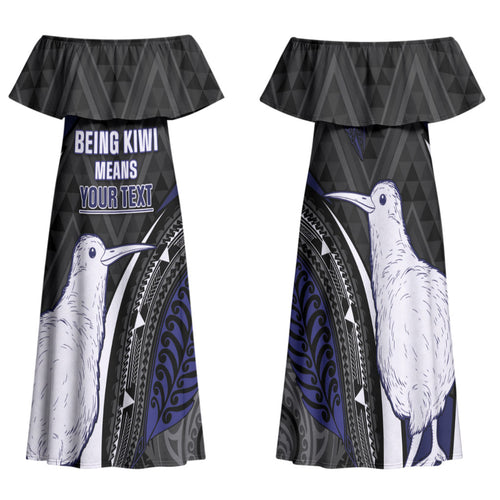 Personalised New Zealand Kiwi Family Matching Off Shoulder Maxi Dress and Hawaiian Shirt Silver Fern Tribal Pattern