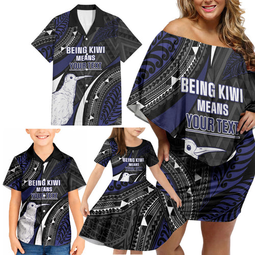 Personalised New Zealand Kiwi Family Matching Off Shoulder Short Dress and Hawaiian Shirt Silver Fern Tribal Pattern