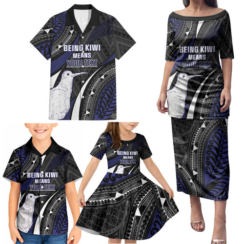 Personalised New Zealand Kiwi Family Matching Puletasi and Hawaiian Shirt Silver Fern Tribal Pattern