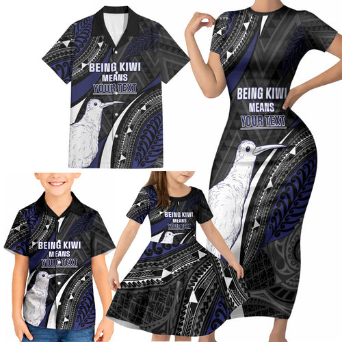 Personalised New Zealand Kiwi Family Matching Short Sleeve Bodycon Dress and Hawaiian Shirt Silver Fern Tribal Pattern