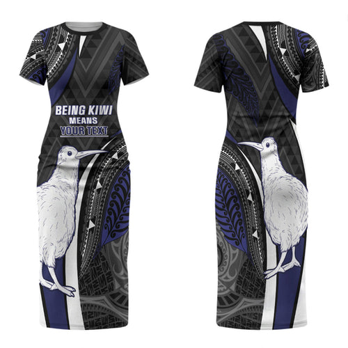 Personalised New Zealand Kiwi Family Matching Short Sleeve Bodycon Dress and Hawaiian Shirt Silver Fern Tribal Pattern