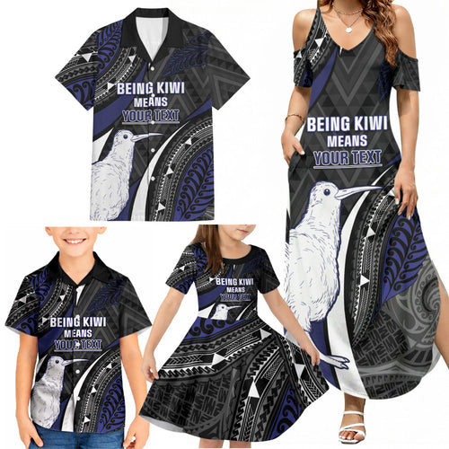 Personalised New Zealand Kiwi Family Matching Summer Maxi Dress and Hawaiian Shirt Silver Fern Tribal Pattern