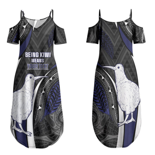 Personalised New Zealand Kiwi Family Matching Summer Maxi Dress and Hawaiian Shirt Silver Fern Tribal Pattern