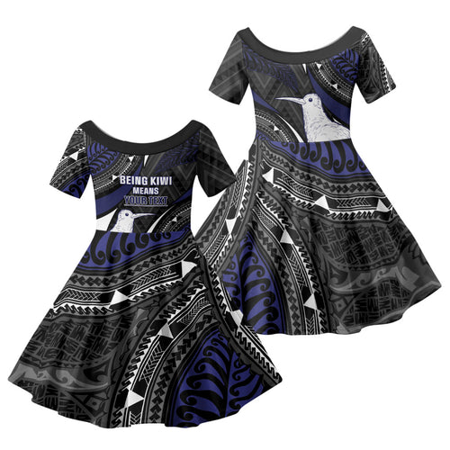 Personalised New Zealand Kiwi Family Matching Summer Maxi Dress and Hawaiian Shirt Silver Fern Tribal Pattern
