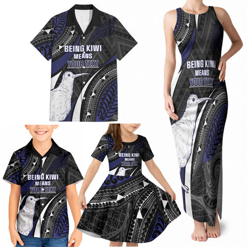 Personalised New Zealand Kiwi Family Matching Tank Maxi Dress and Hawaiian Shirt Silver Fern Tribal Pattern